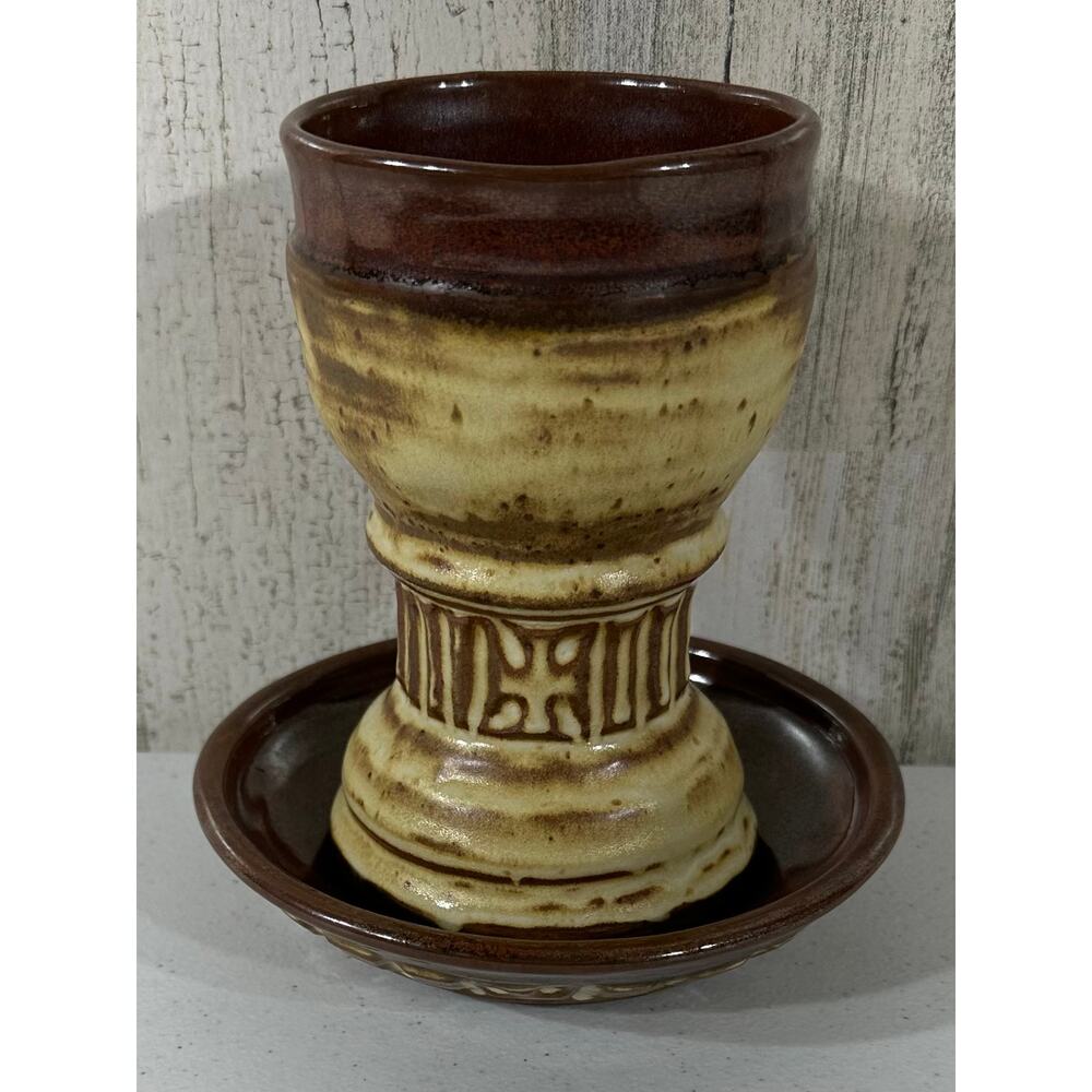 Studio Pottery Art Handmade 2 pc Candle Holder Tray Brown‎ Signed Tom Hughes
